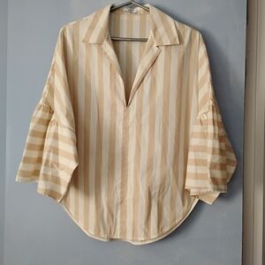 TOME Cream + Tan Striped Cotton Pullover Blouse M